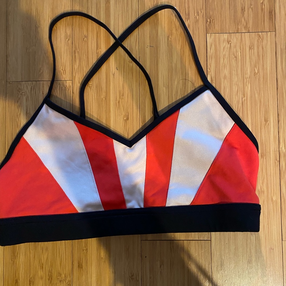 ALO red and white striped sports bra